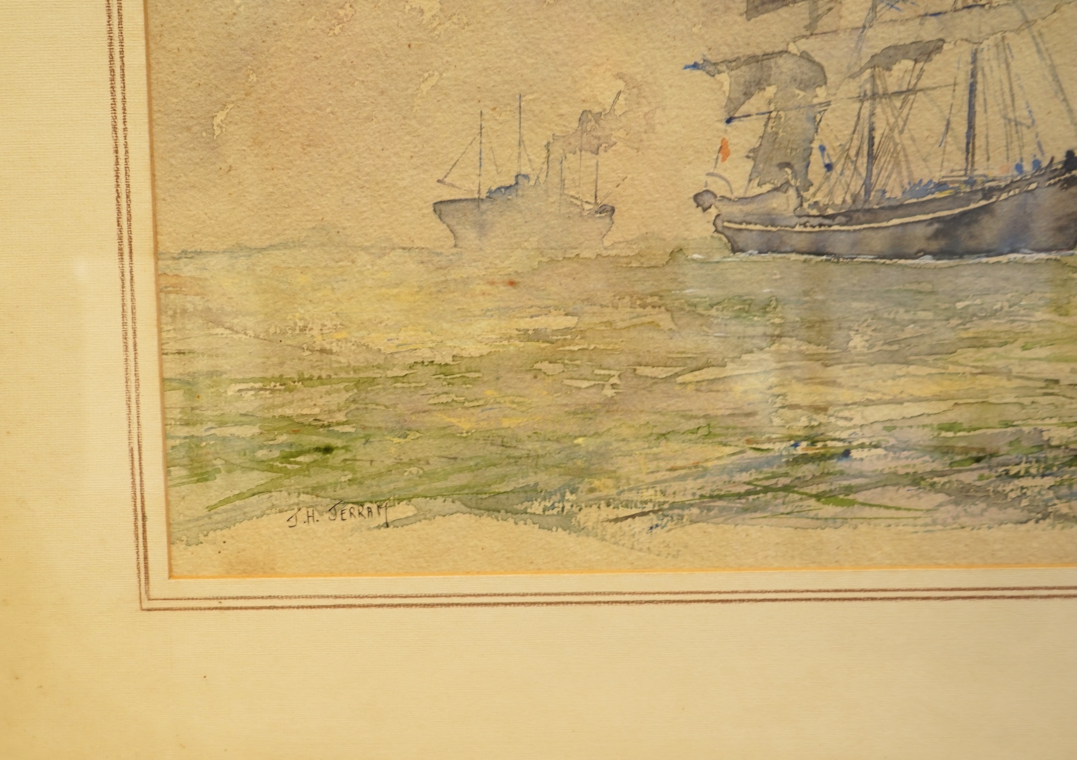 J. H. Jerram, Tall ships at sea, signed, watercolour heightened with white, 45 x 67cm